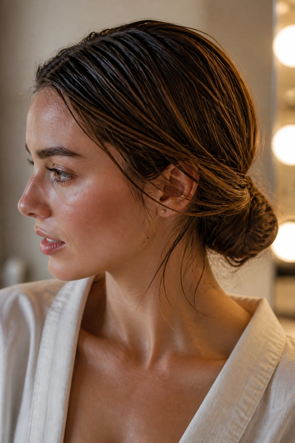 Close-up of a real woman wearing a criss-cross sectioned low bun