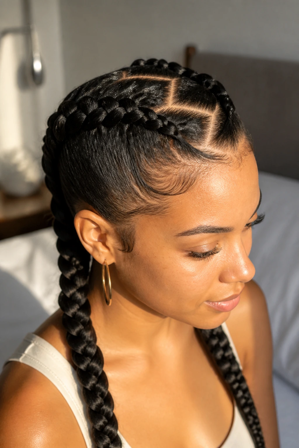 Close-up of a real woman's head showing a zigzag criss-cross part in goddess braids