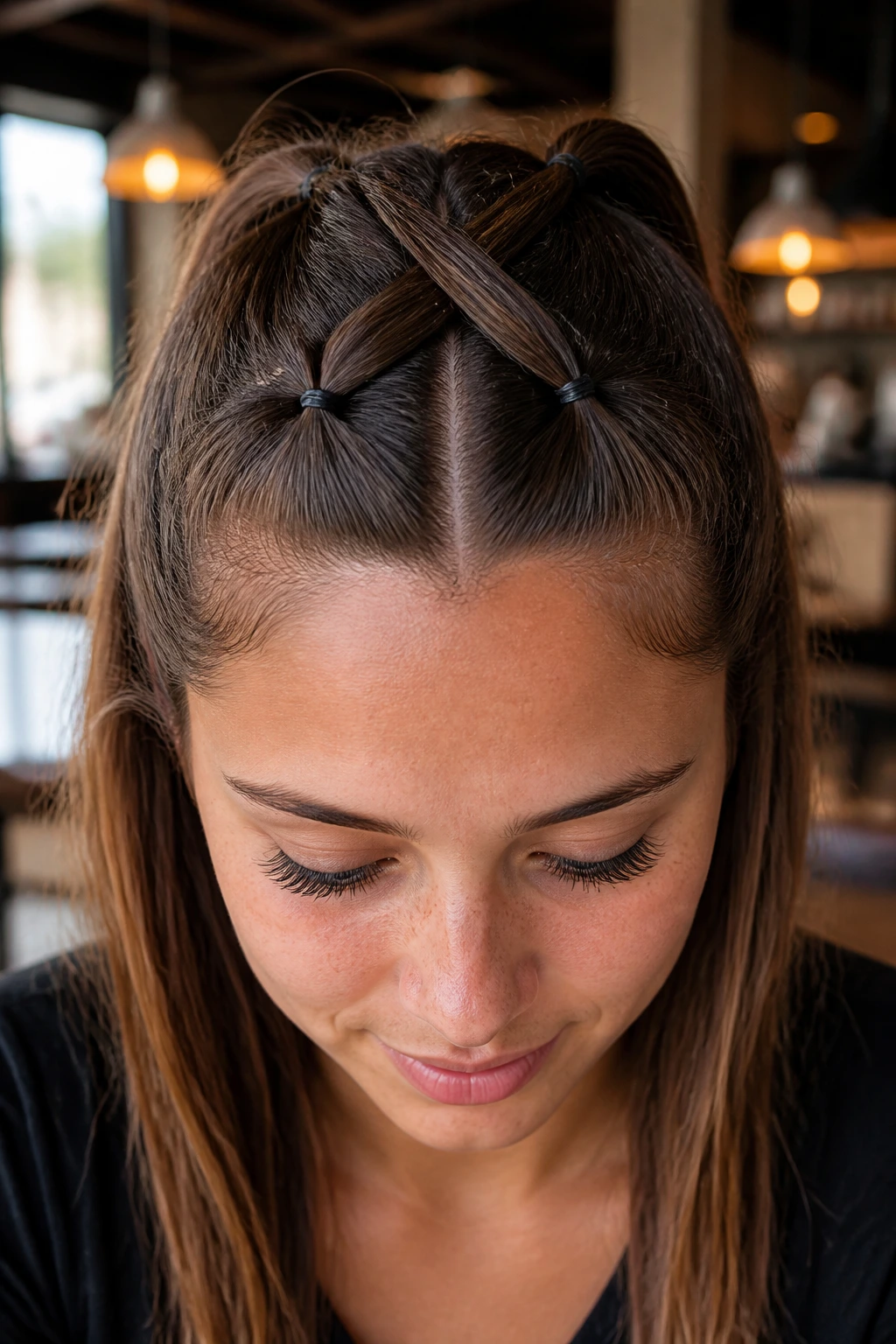 Close-up of a real person with criss-cross front ponytails
