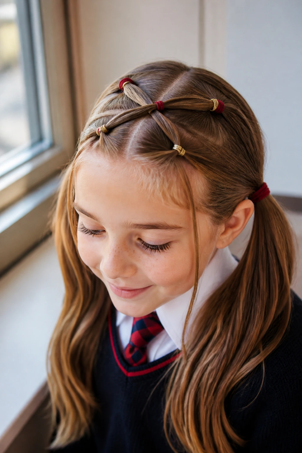 Close-up of a real person with criss-cross pull-through pigtails in a school setting