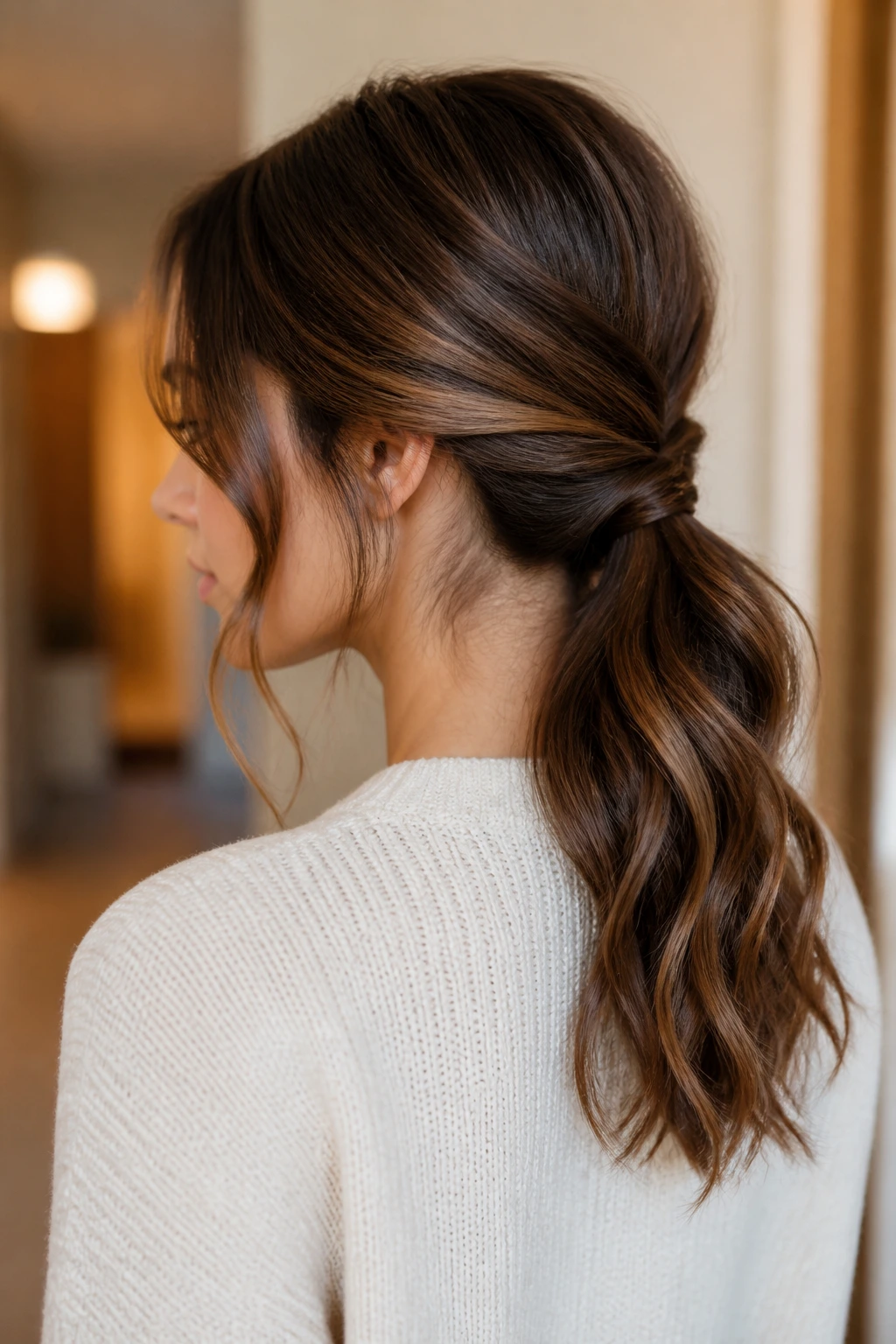 Real person with criss-cross front sections over a low ponytail