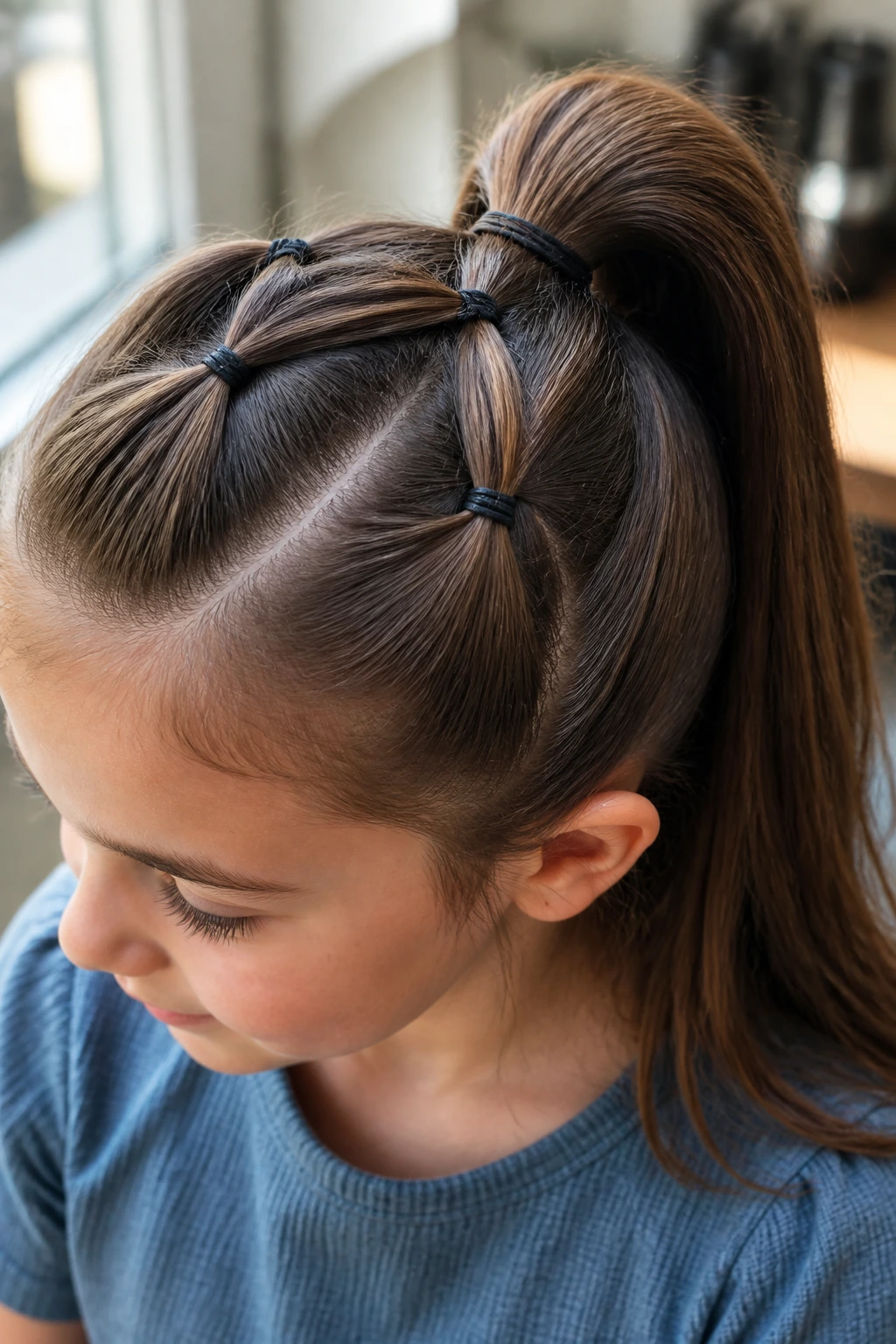 Close-up of a real girl's criss-cross diamond ponytail at the crown
