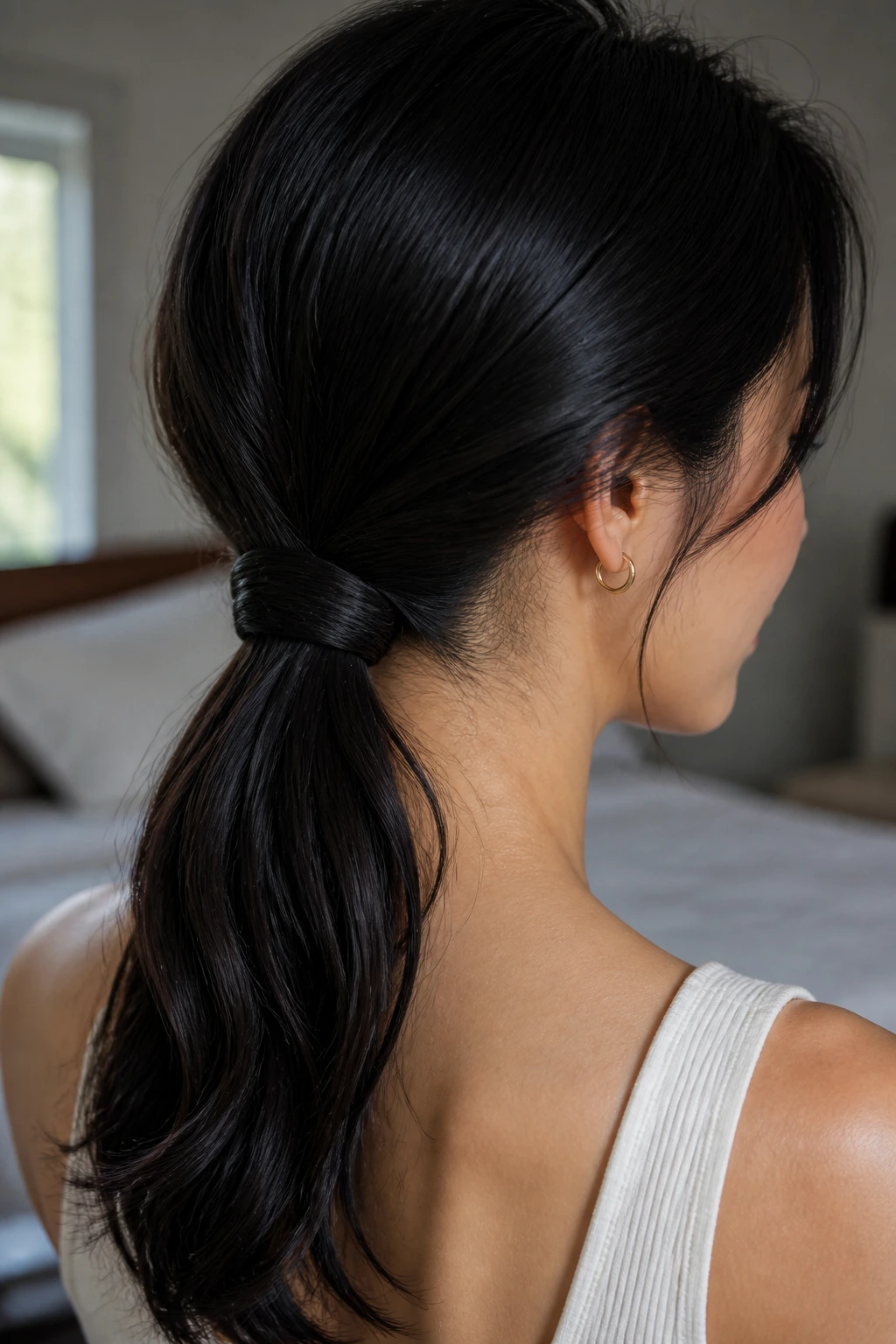 Close-up of a real woman with a criss-cross low ponytail showing the crossing detail