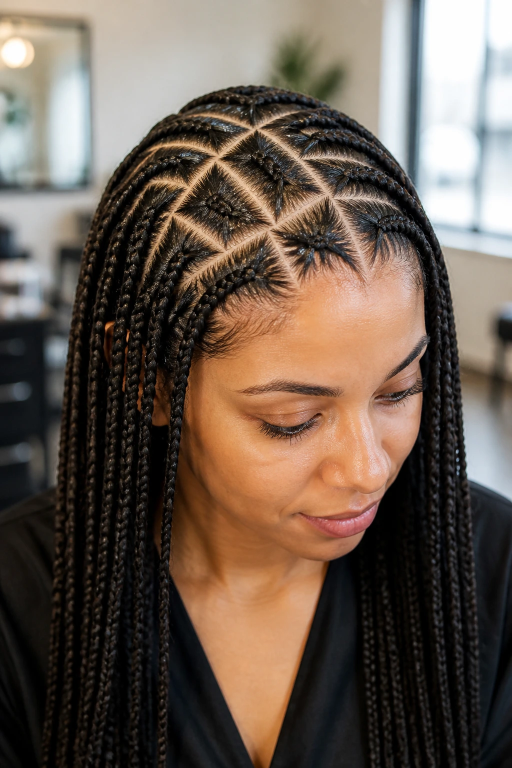 Portrait of a real woman with criss-cross pattern at the roots in pencil braids.