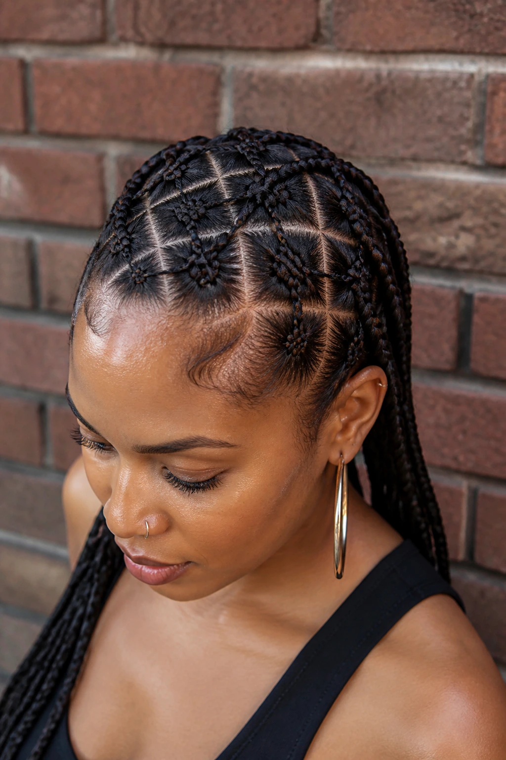 Close-up of a person with crisscross lattice cornrows against an urban brick wall backdrop.