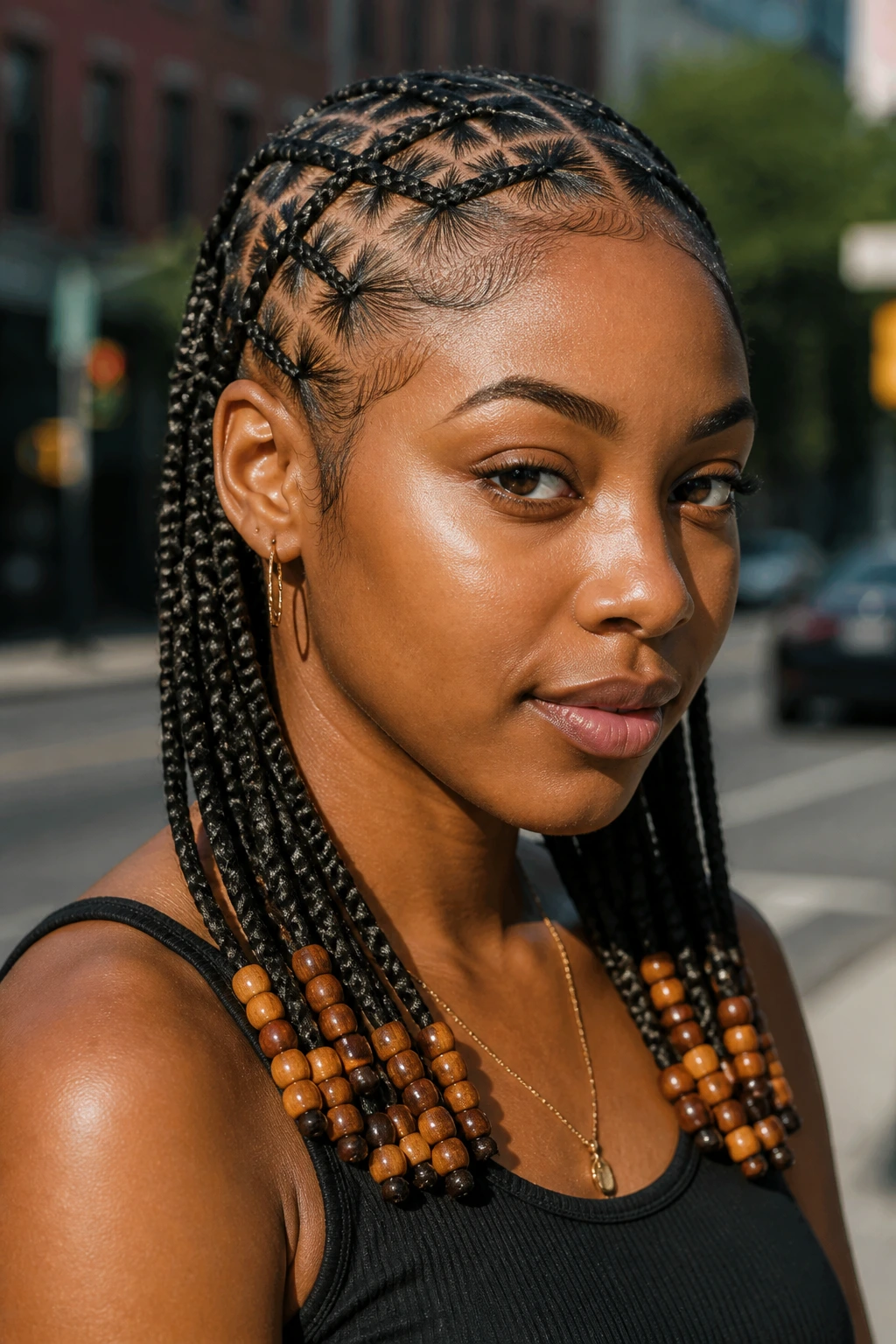 Close-up of a real woman with crisscross cornrows ending in beads outdoors