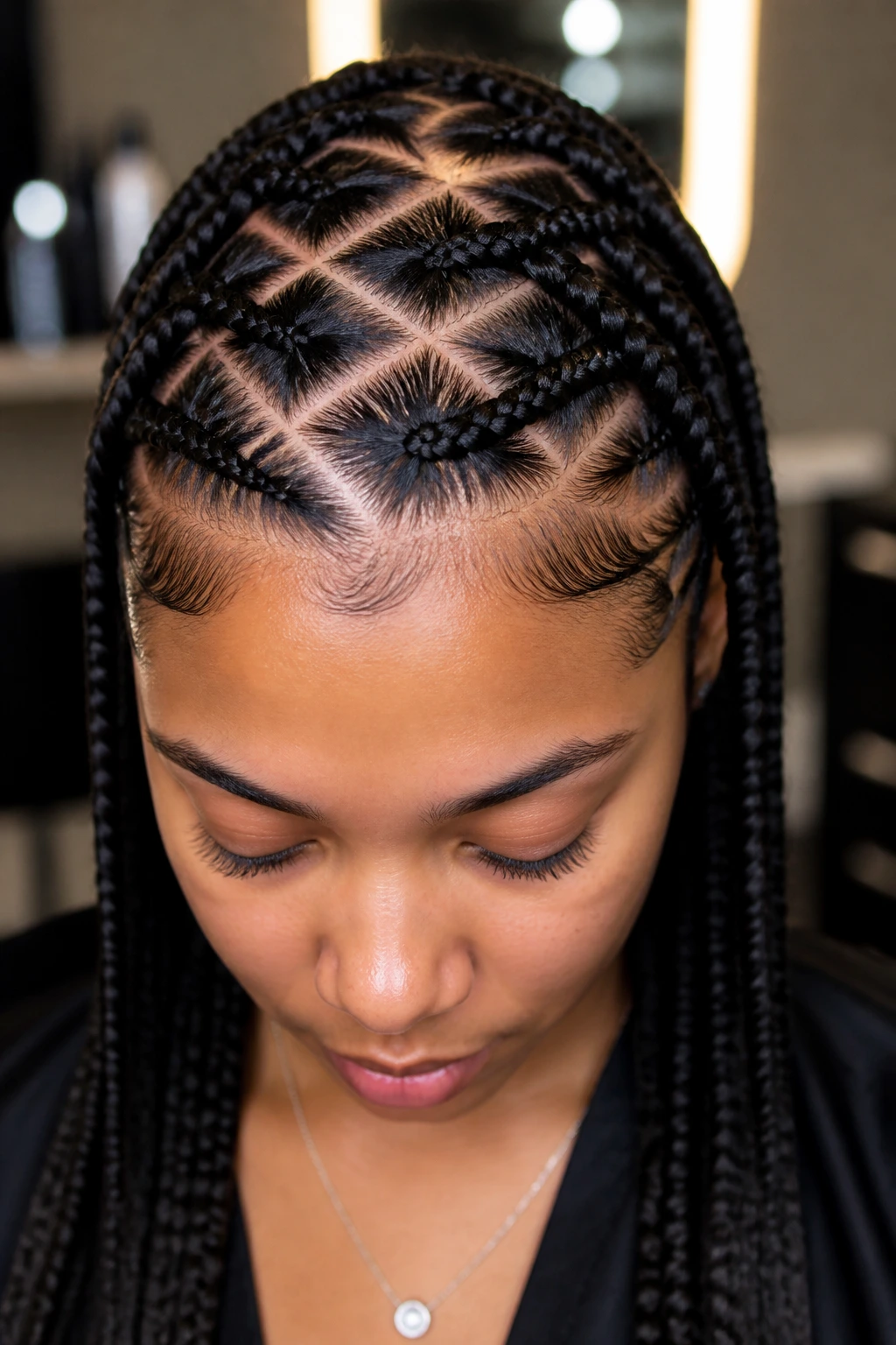 Real woman with crisscross cornrows showing lattice pattern