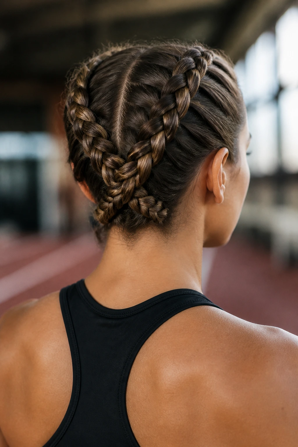 Real athlete wearing crisscross Dutch braids at temples with back crossing in a gym setting