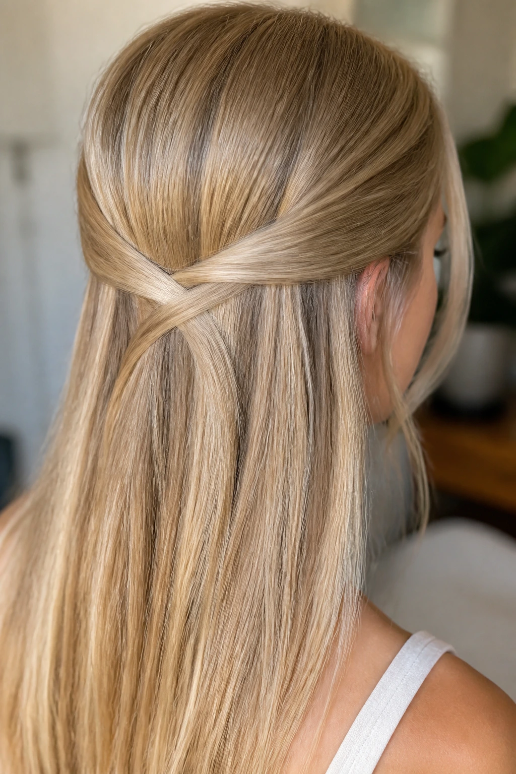 Close-up portrait of a real person with criss-cross half-up hairstyle using two pins
