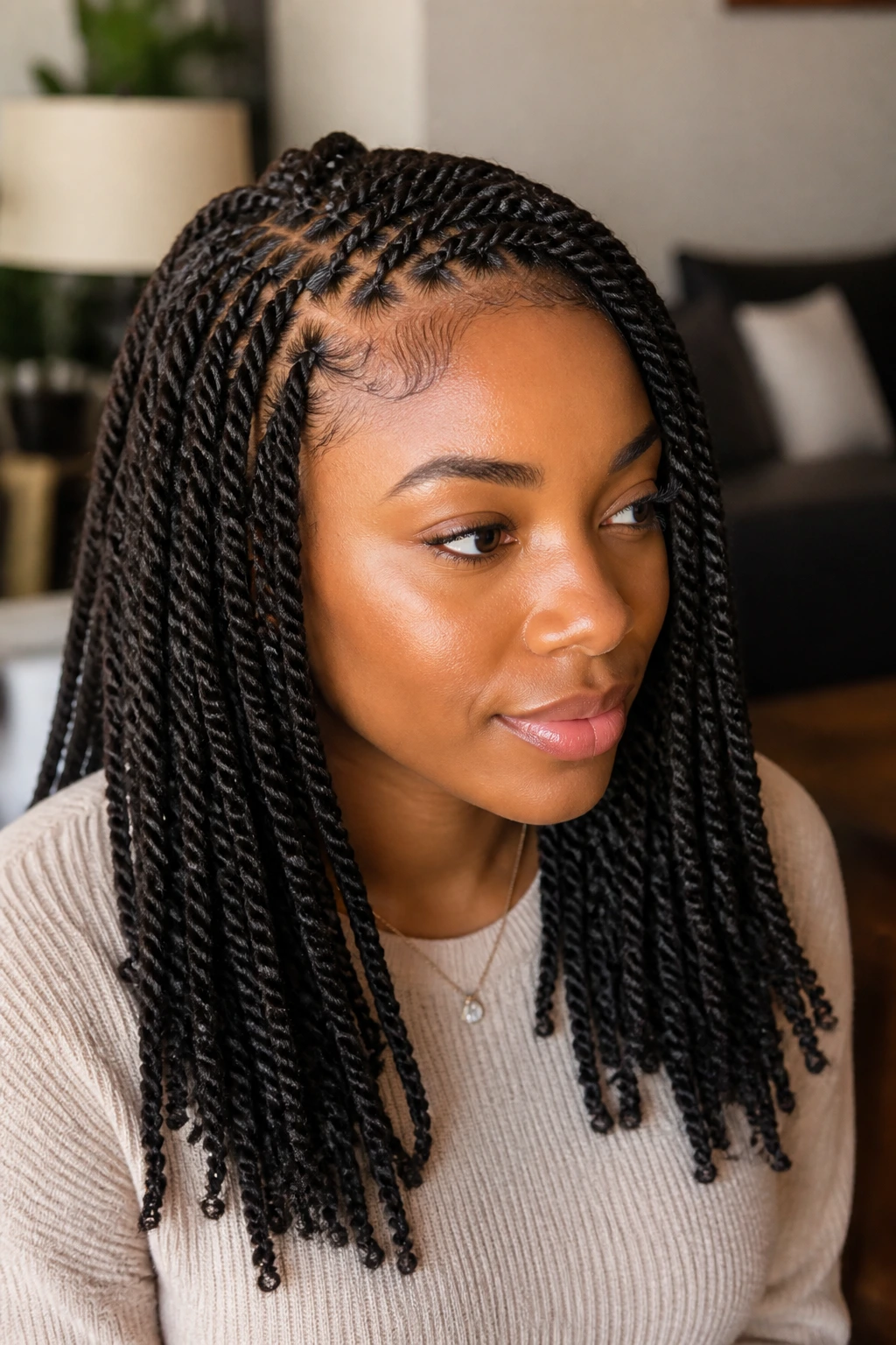Close-up of real person wearing crochet braided wig with pre-loop twists