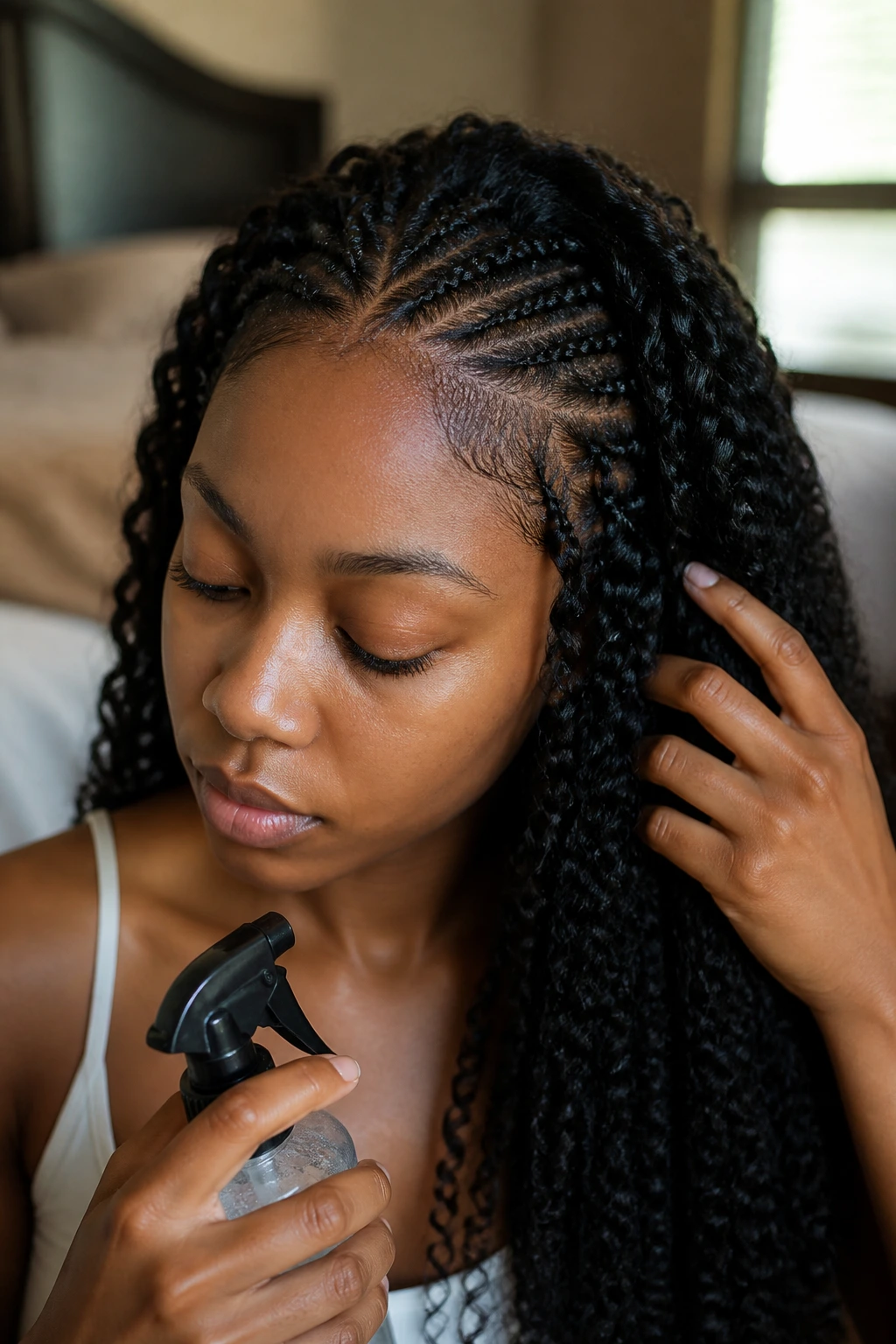 Close-up of real person with crochet braids focusing on scalp care in a bedroom