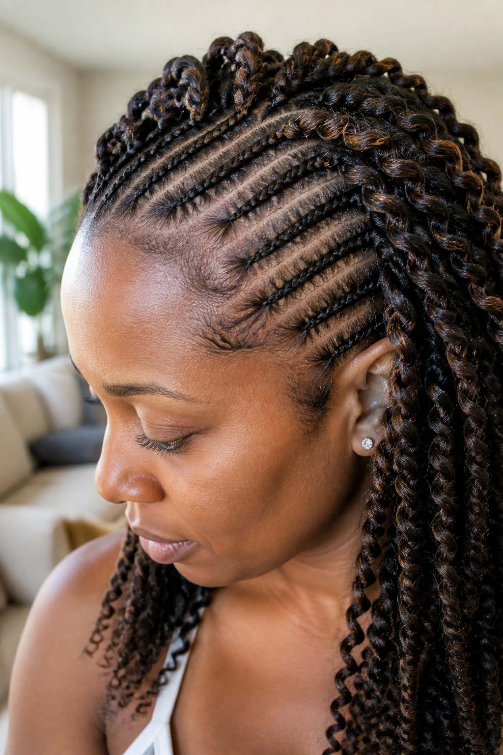 Close-up portrait of crochet braids on a real person in a living room