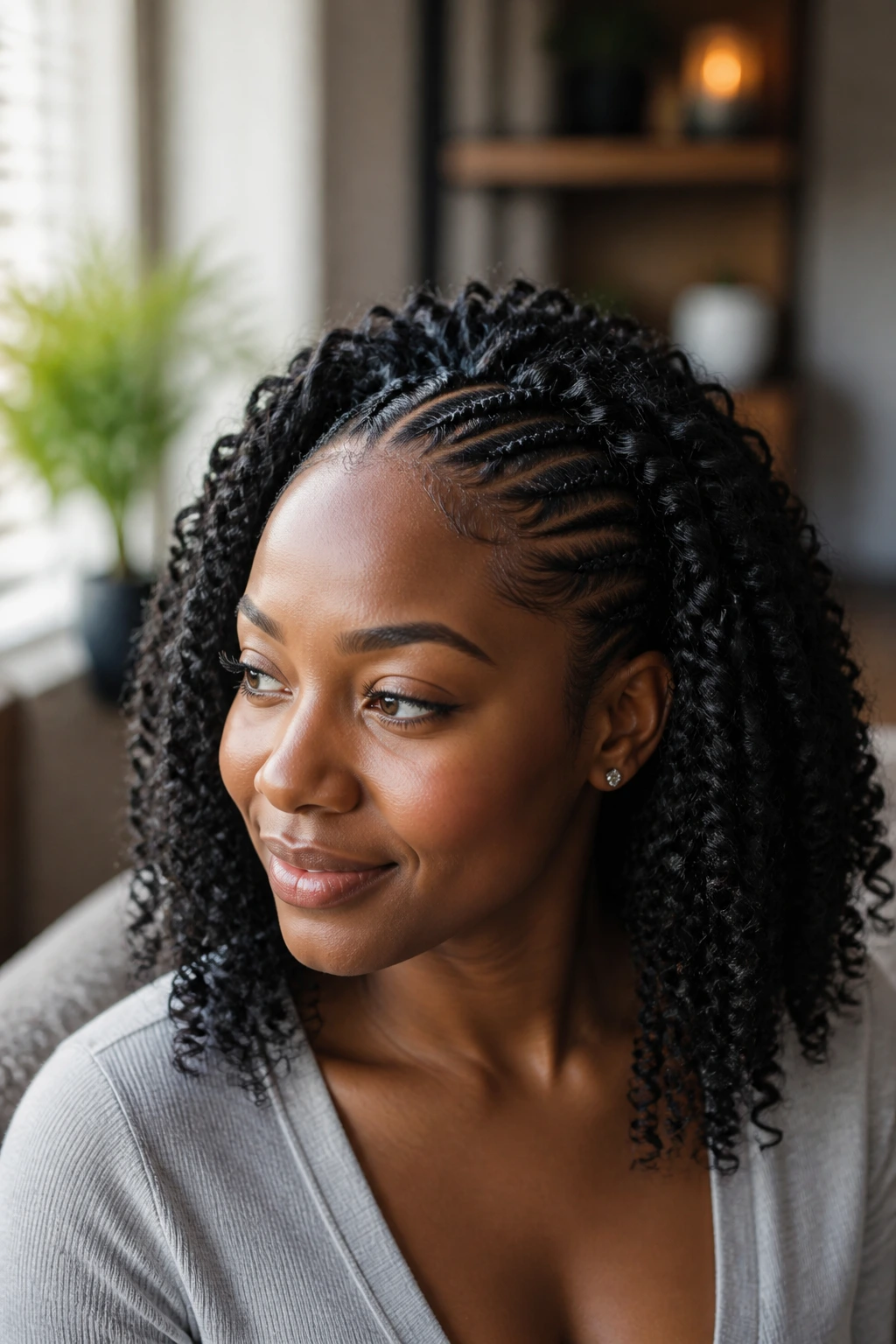 Crochet braids close-up portrait of a real woman with cornrow base and loops
