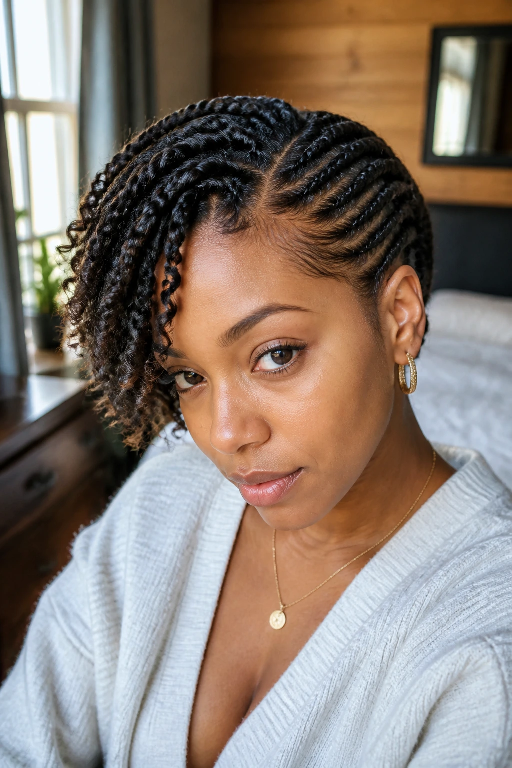 Close-up portrait of a real woman with two-direction crochet braids on short hair in a cozy bedroom.