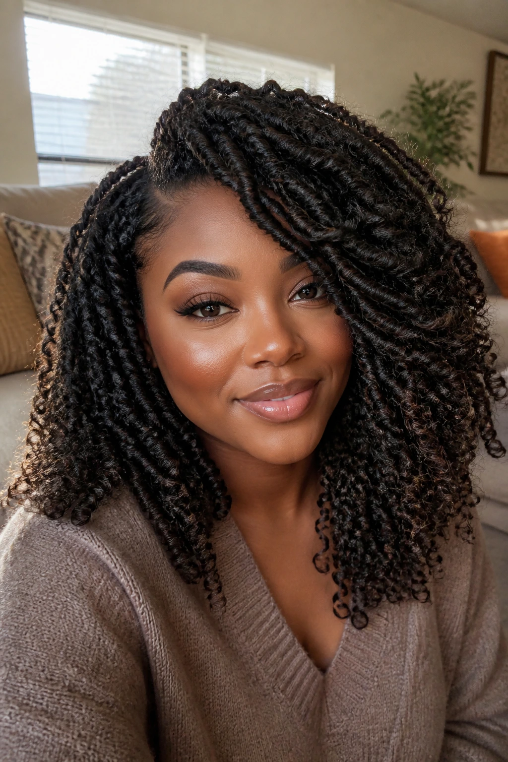 Close-up portrait of a real woman with crochet braids side-swept layers