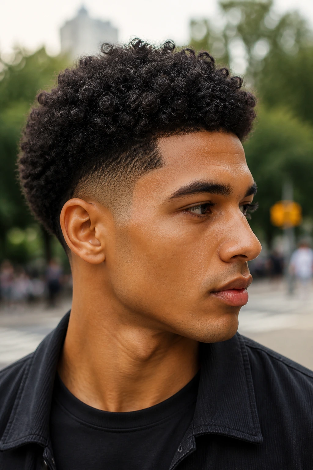 Real person with cropped curly afro and tapered sides