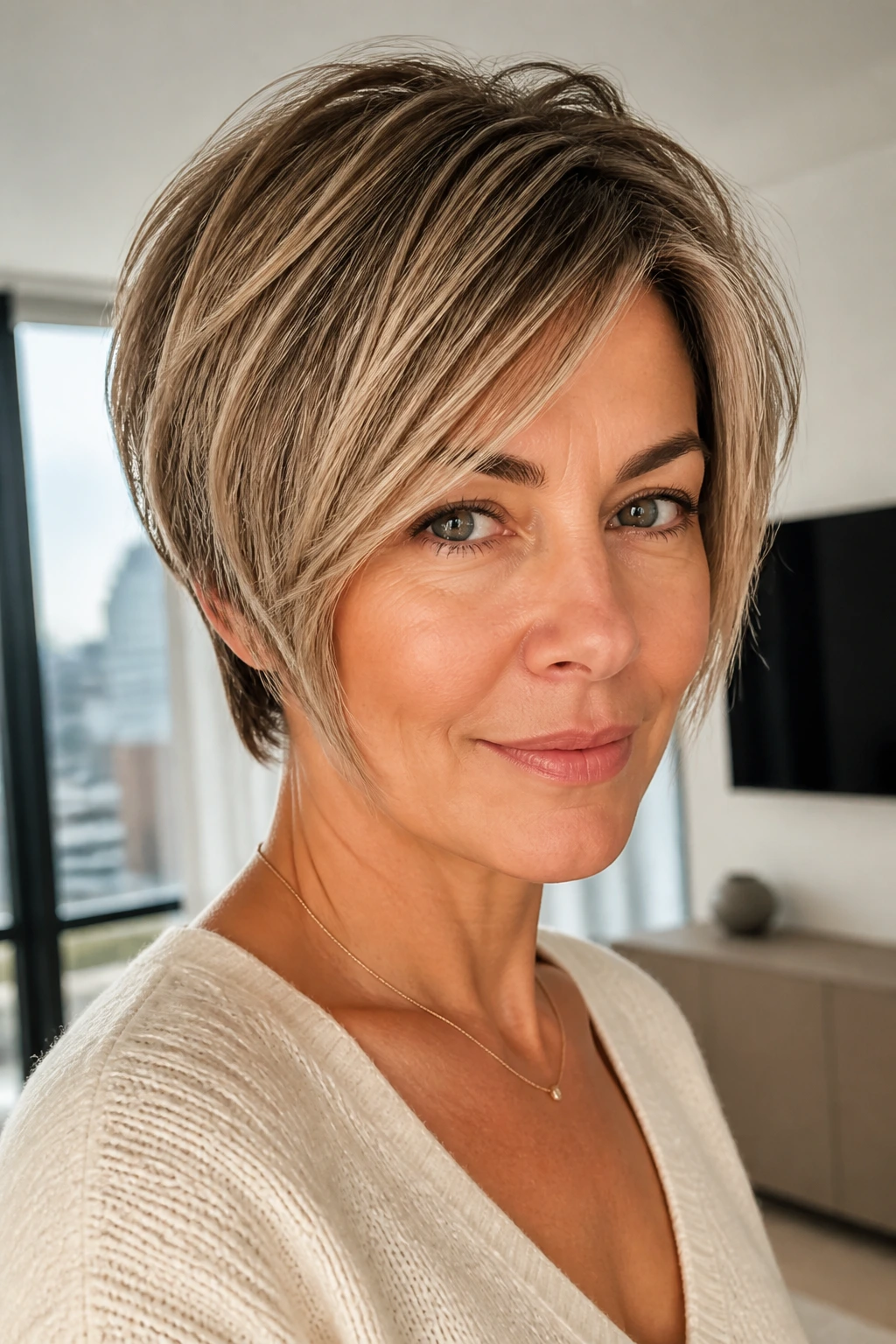 Portrait of a real woman with a cropped pixie bob (bixie) highlighting cheekbone-framing front pieces.