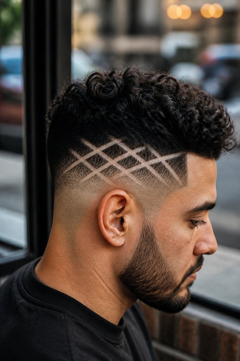 Close-up of a real person showing woven cross-hatch design on side of head