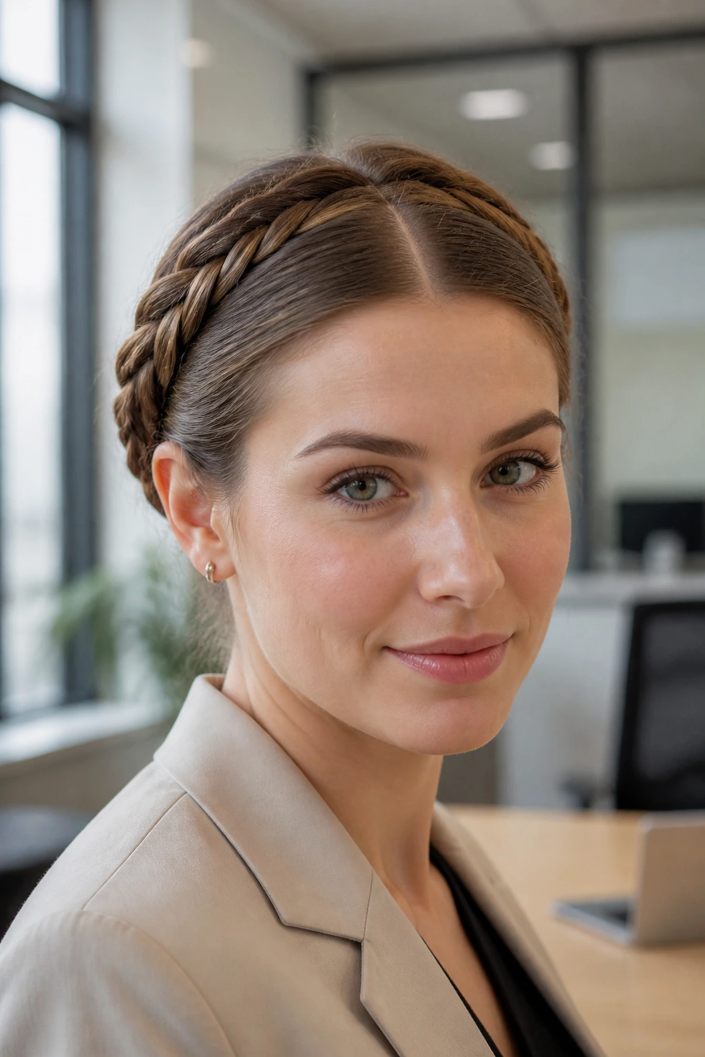 Close-up of a real woman with a crossed-braid crown and sleek part in an office setting