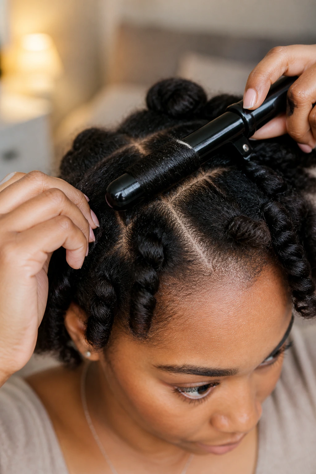 Close-up of crown area being curled on a real person