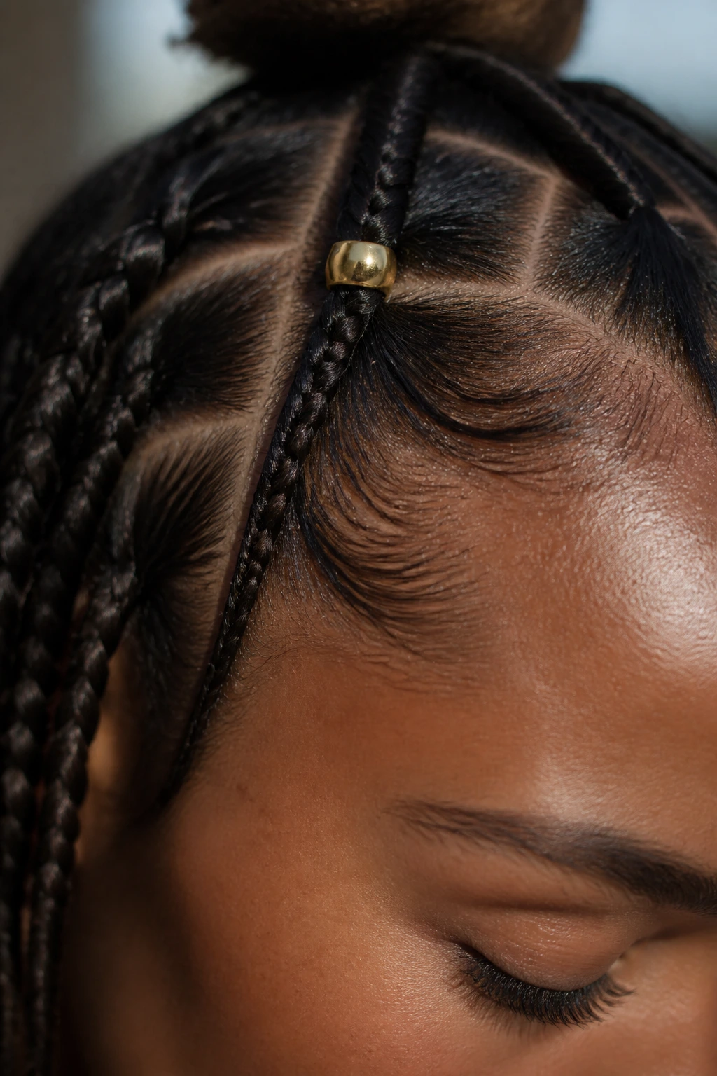 Close-up of a crown-position bead at the base of a braid
