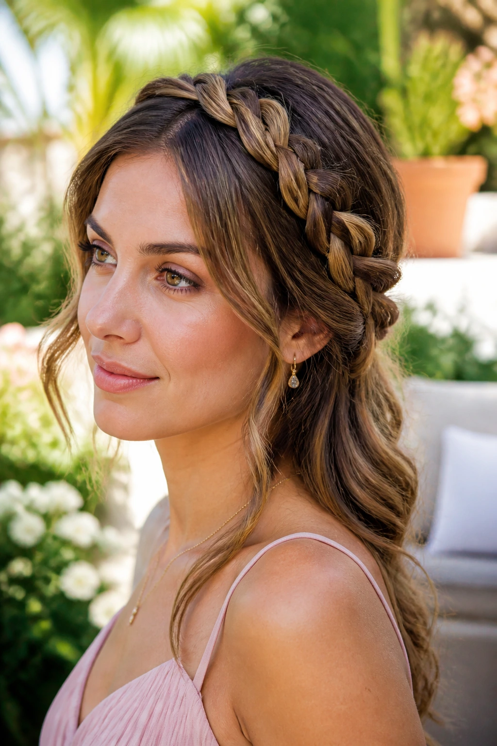 Medium close-up of a real woman with crown braid accent in natural daylight