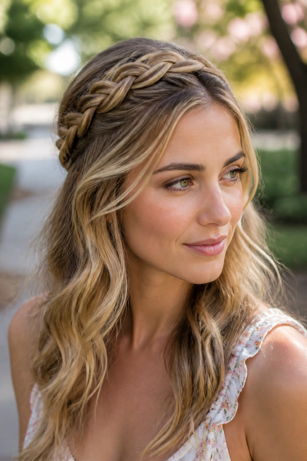 Close-up of a woman wearing a crown braid accent with loose waves