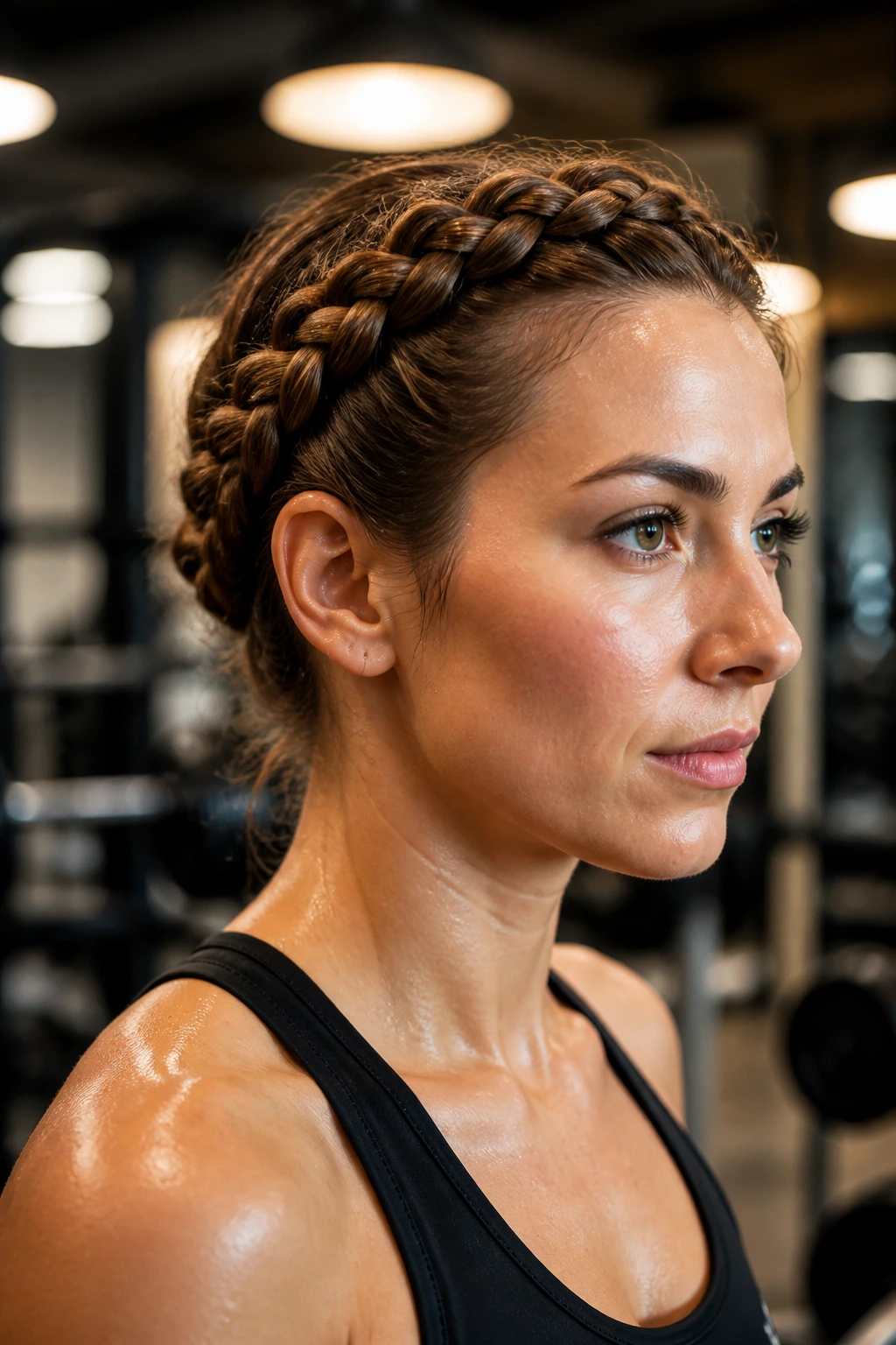 Close-up of crown braid encircling head during workout