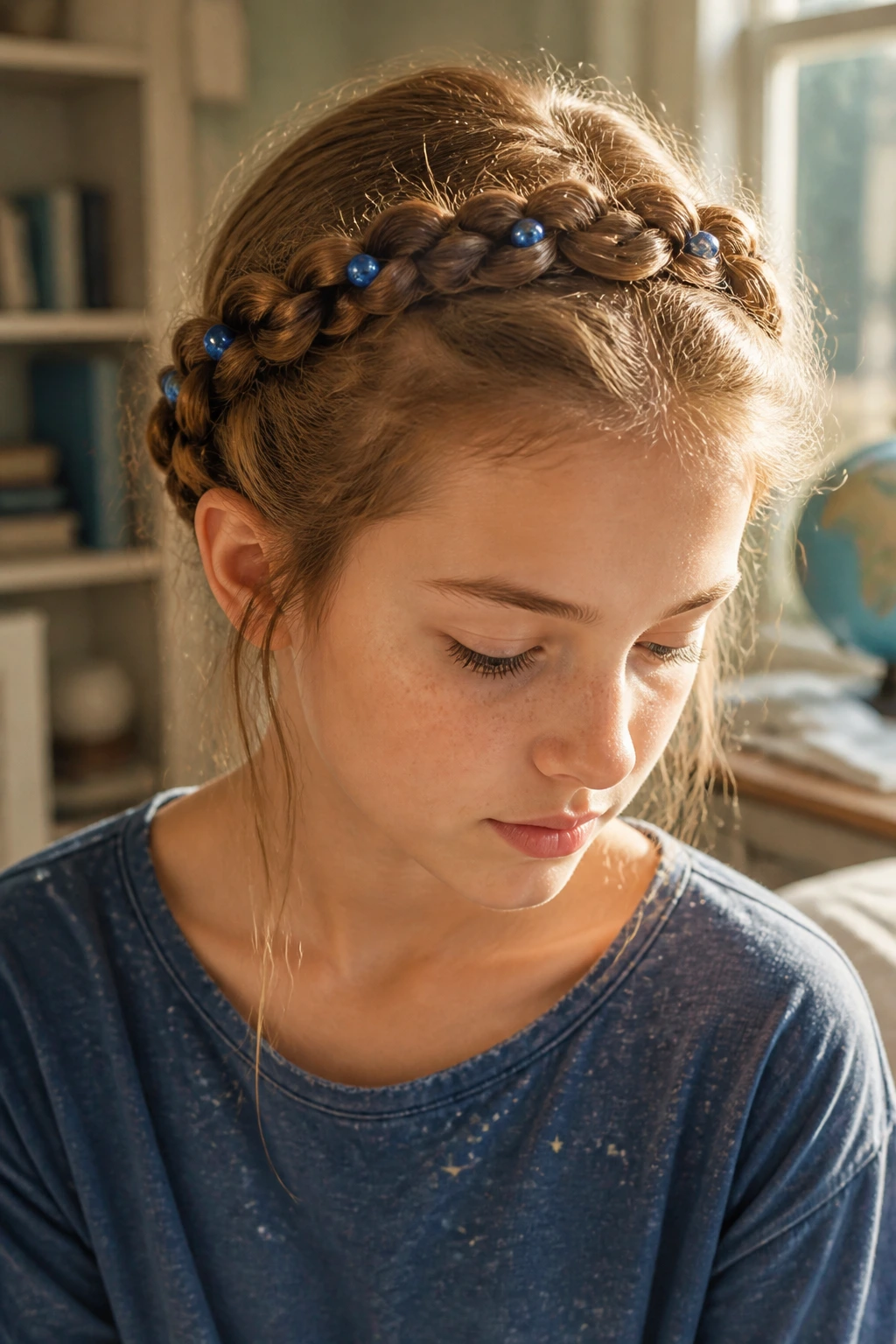 Close-up of a real person with crown braid and blue beads