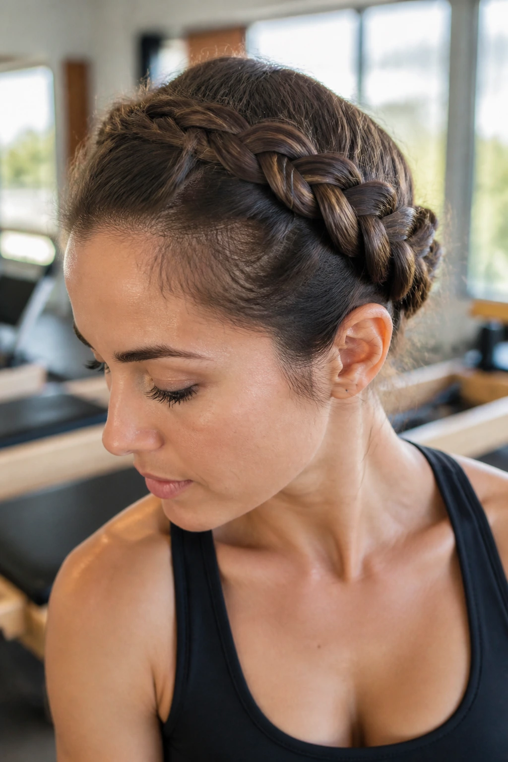 Close-up of real woman with crown braid and bobby pins around the head during Pilates