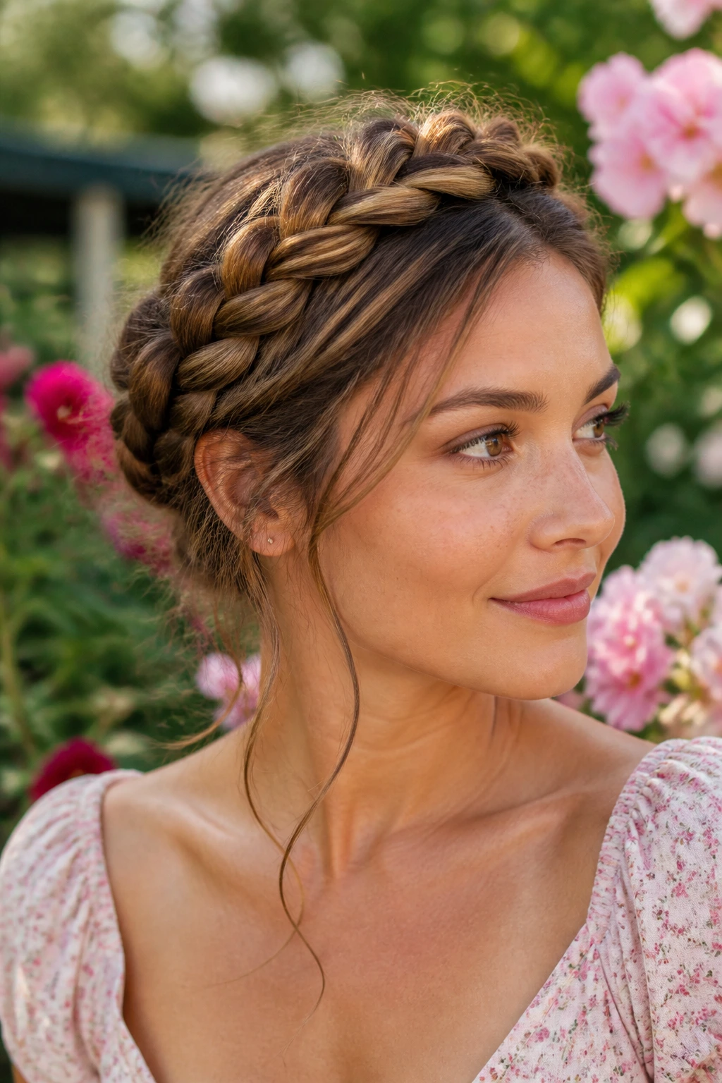 Close-up of a real woman with a boho crown braid in a sunlit garden