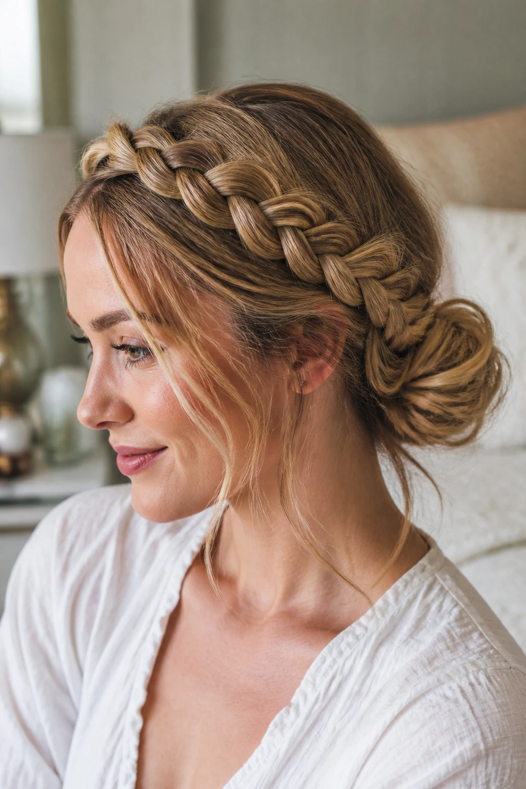 Close-up crown braid forming a low messy bun on a real woman