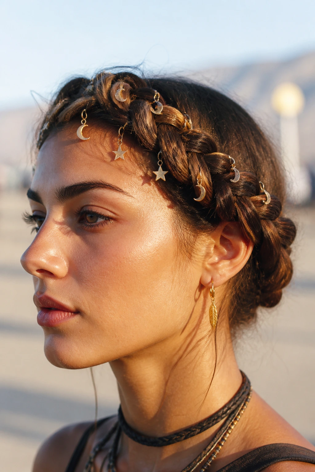 Real person wearing crown braid with embedded piercing charms around the head