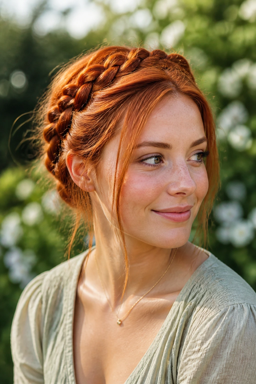 Real woman wearing copper crown braid in a sunlit garden