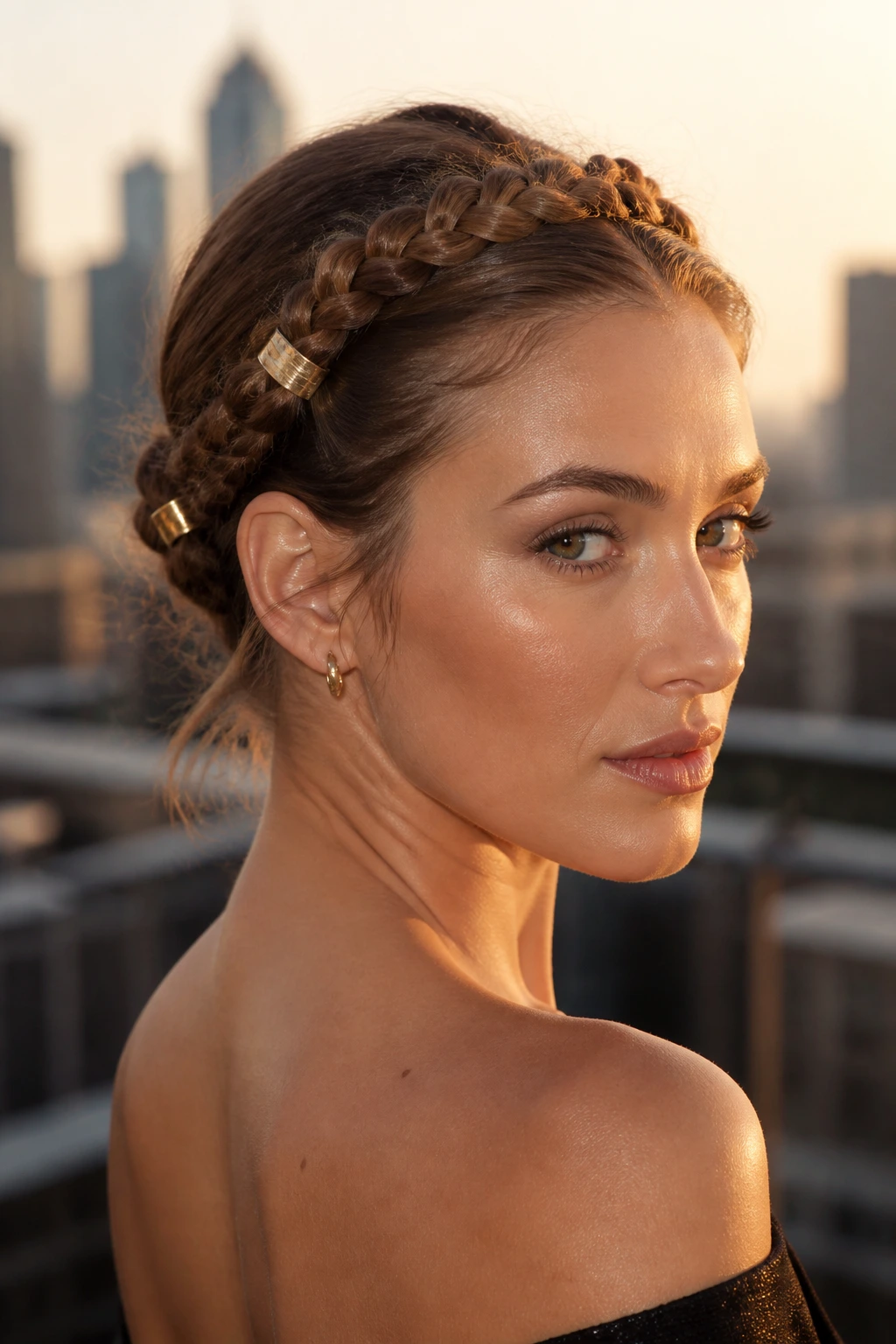 Real woman wearing a sleek crown braid with cuffs at temples and back