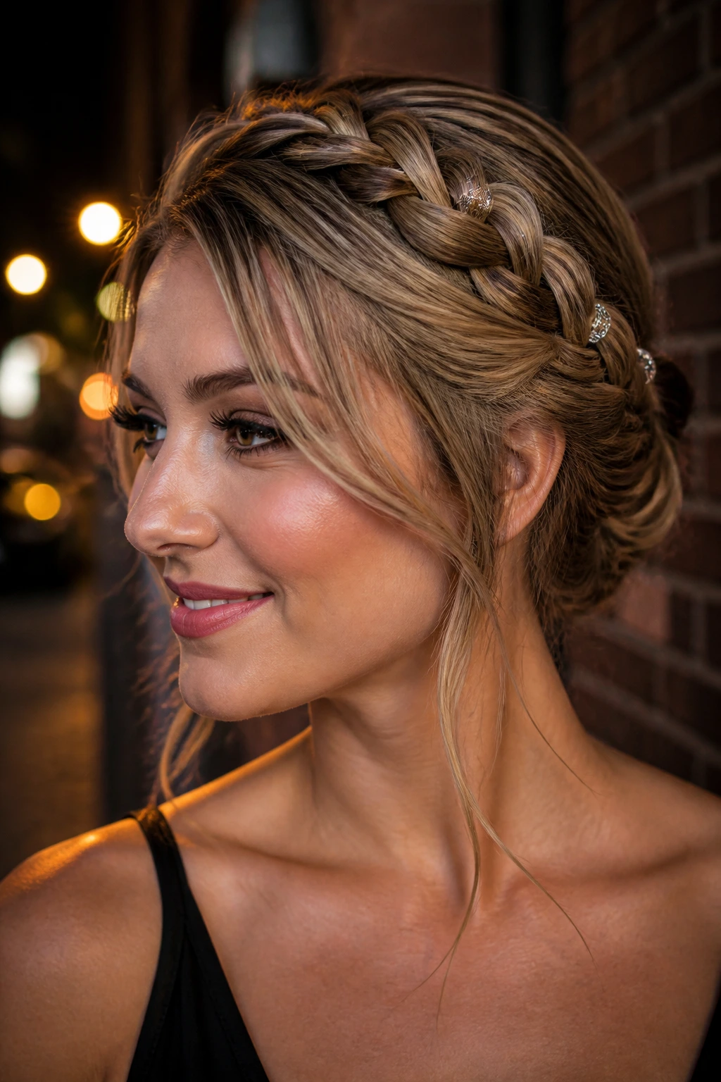 Close-up of a woman with a crown braid and beaded cuffs during evening outing