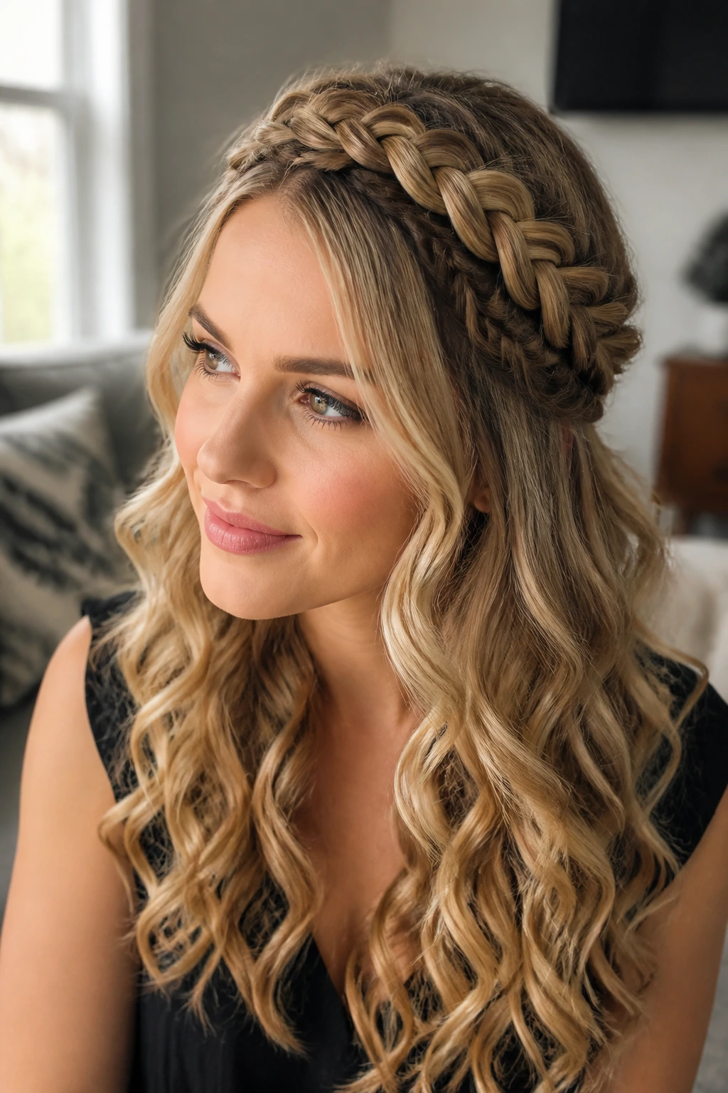 Close-up of a real woman wearing Crown Braid with Loose Curls
