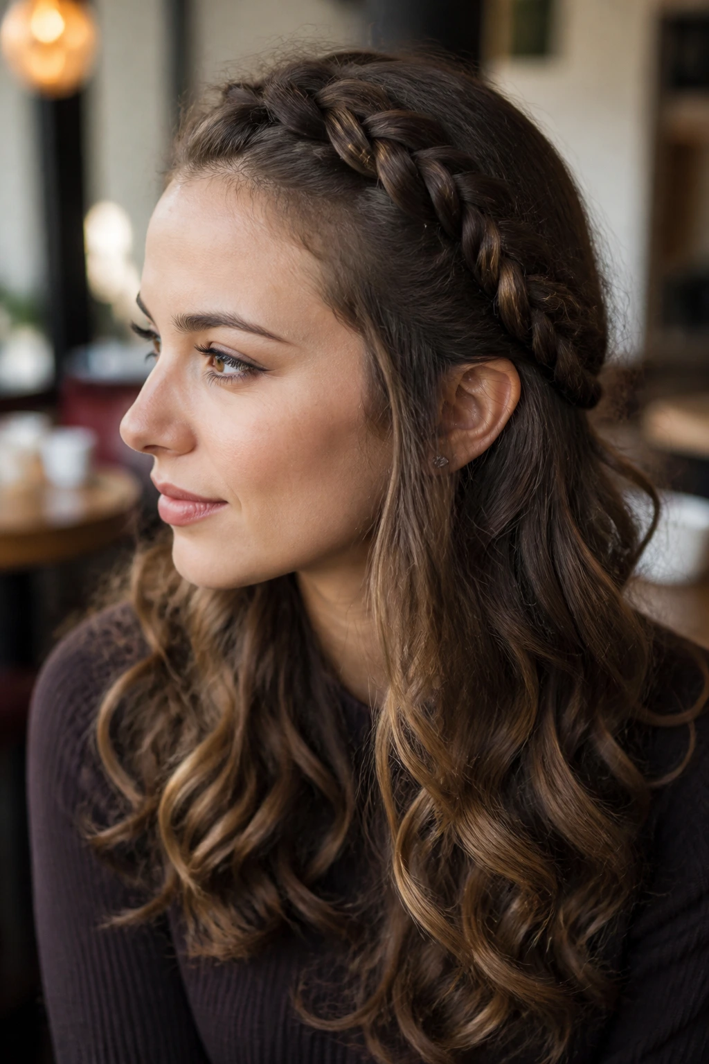 Close-up of a real woman with a crown French braid tucked into loose curls