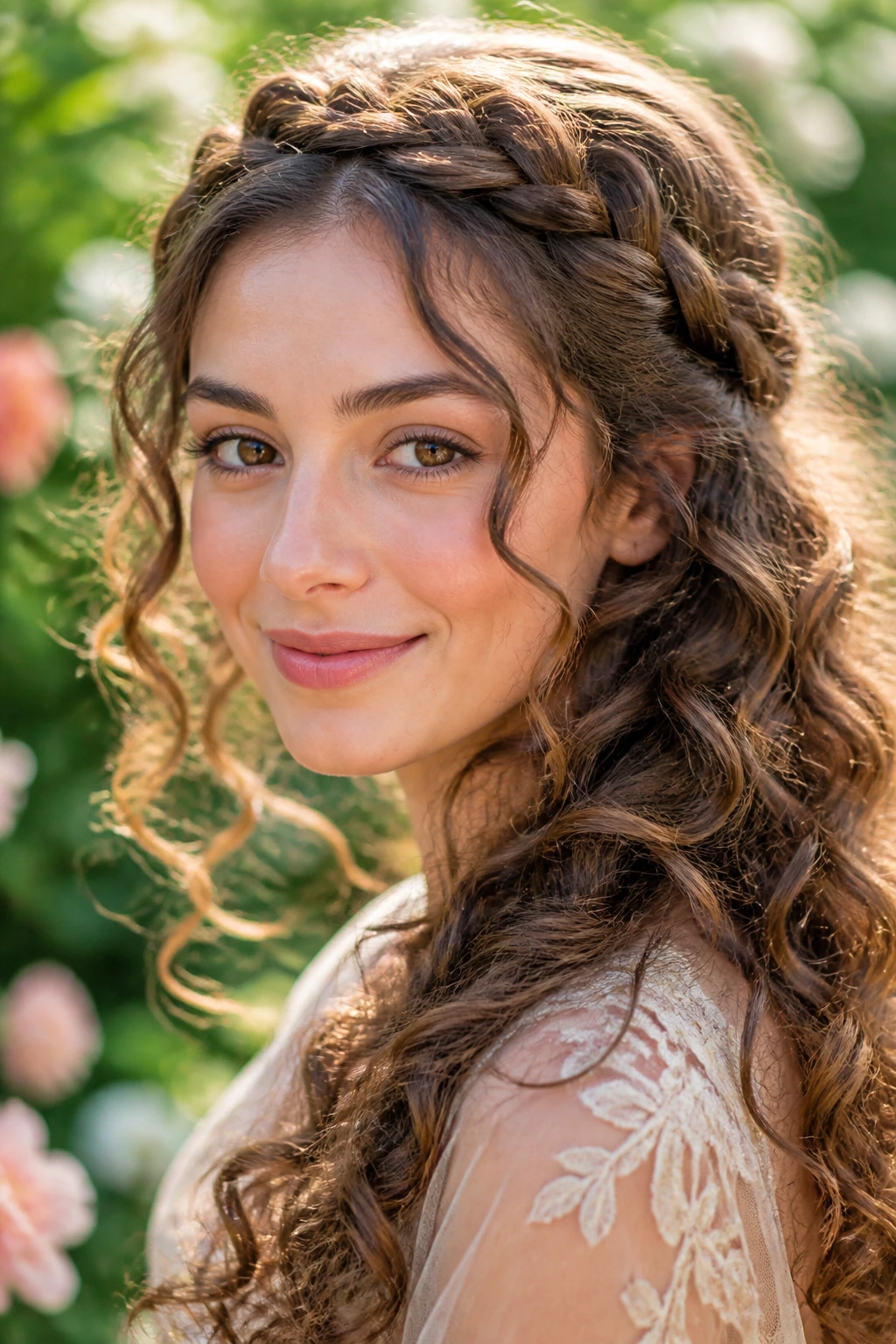 Portrait of a woman with a crown braid and loose curls