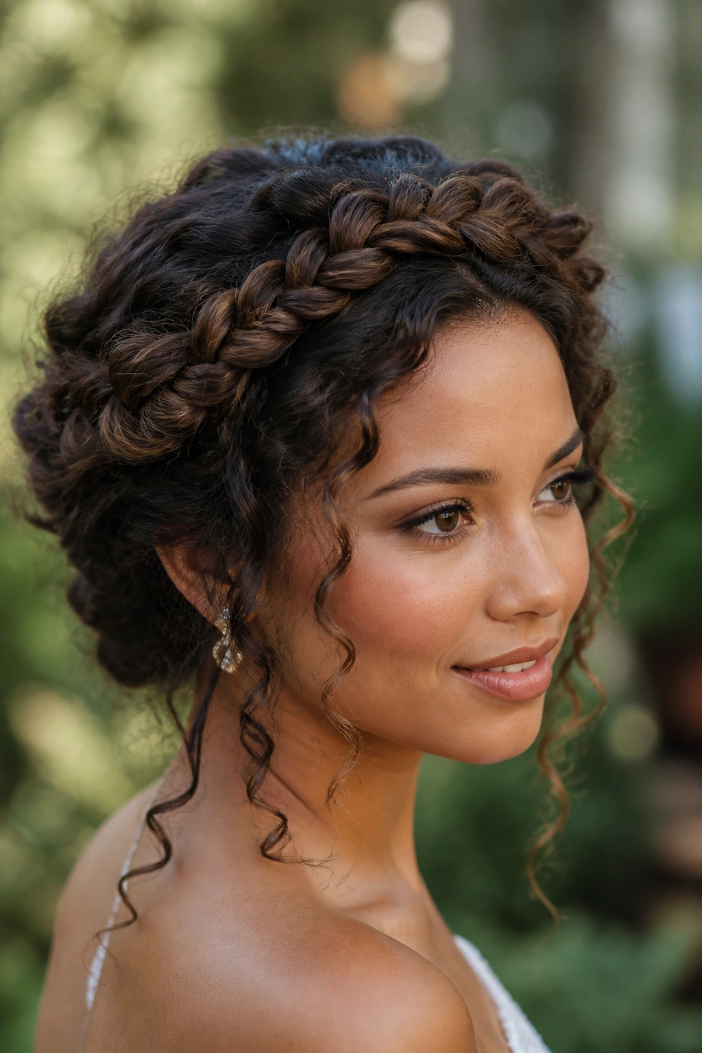 Real woman with a crown braid around her head in soft daylight