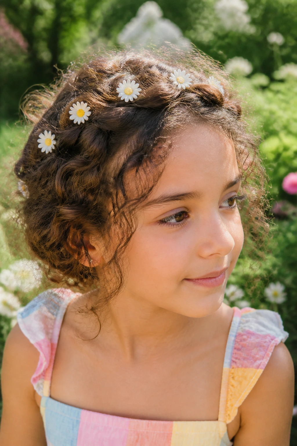 Close-up of real person with crown braid and daisy charms