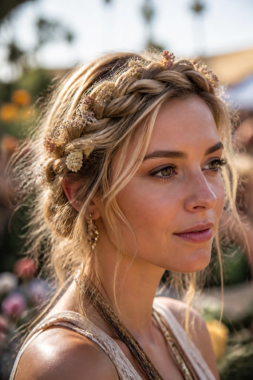 Close-up of messy crown braid with dried flowers on a real person.