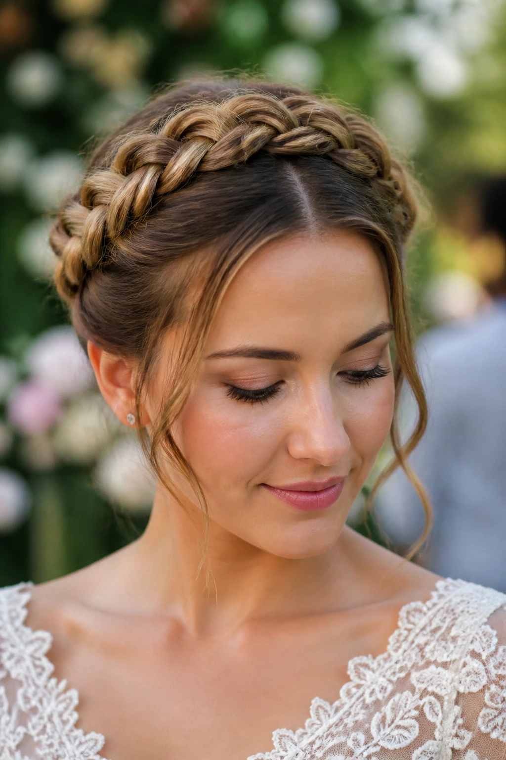 Close-up of a real person wearing a Dutch Braid Crown with garden lighting