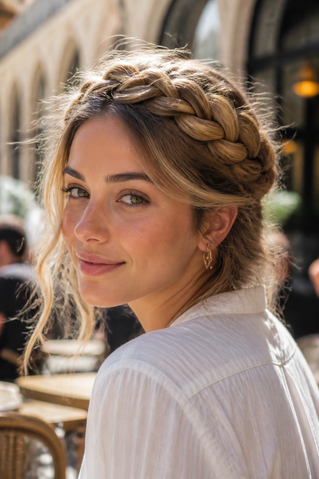 Real person with a frothy Dutch crown braid near hairline