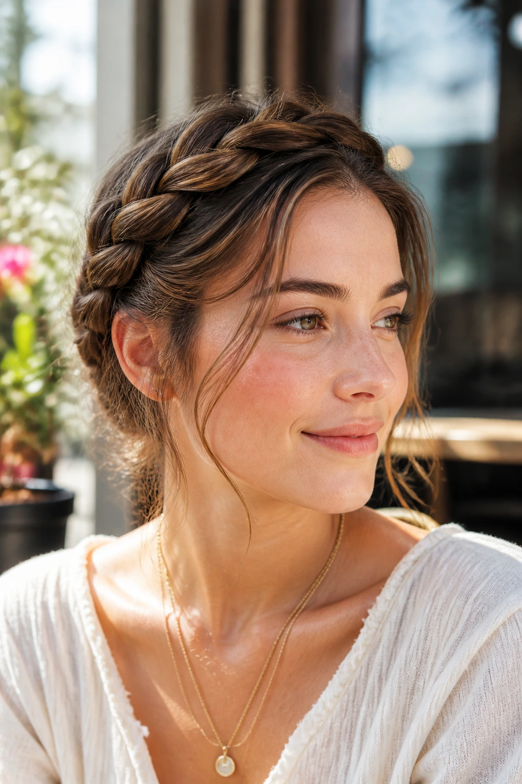 Close-up of a real person with soft crown braid and escaping strands outdoors