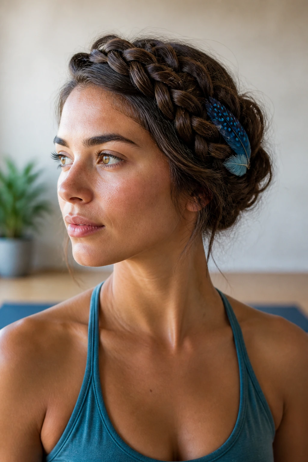 Real woman wearing a side-swept crown braid with a blue feather near temple.