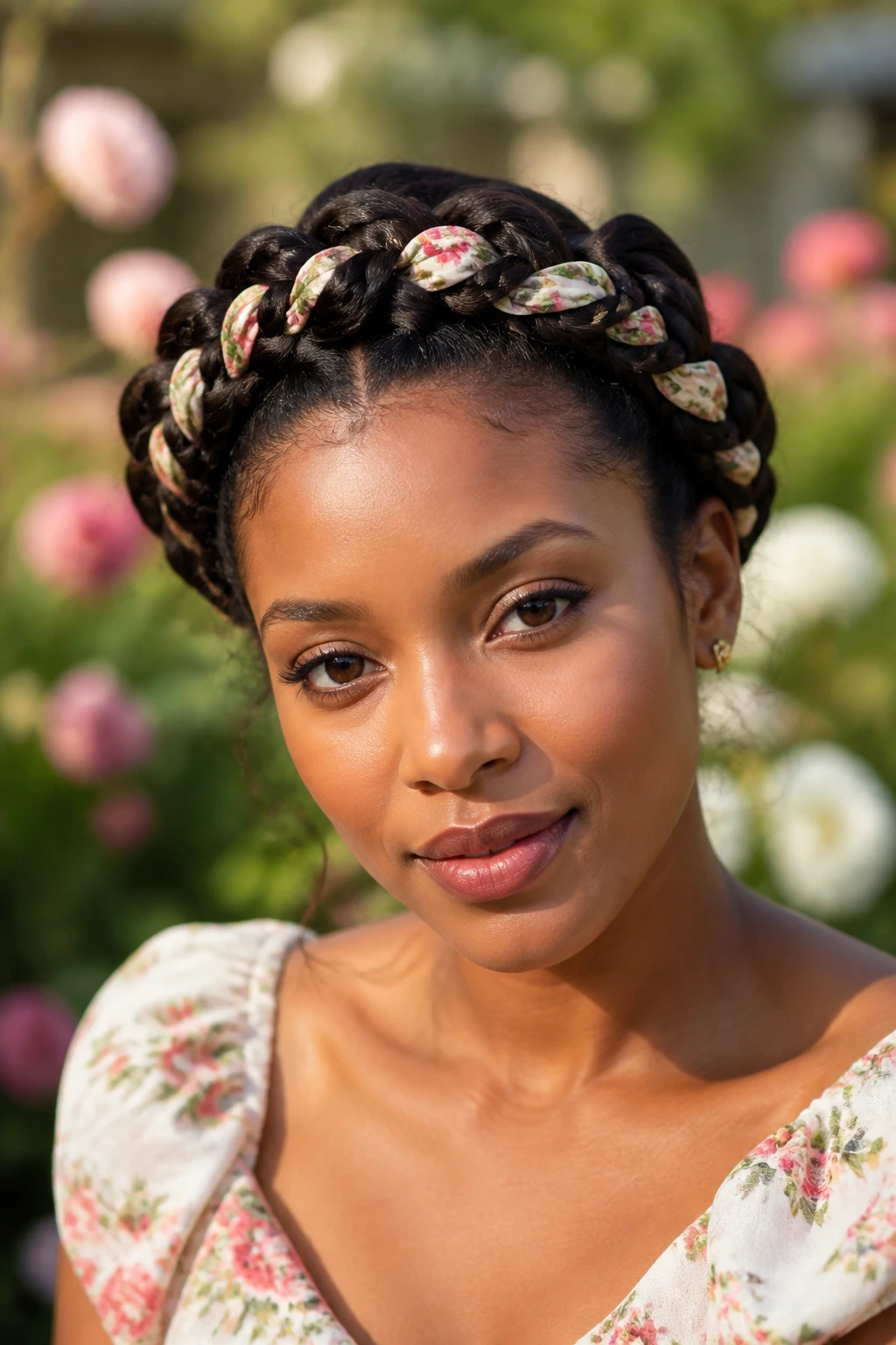 Real woman with crown braid and floral-print ribbon in garden setting.