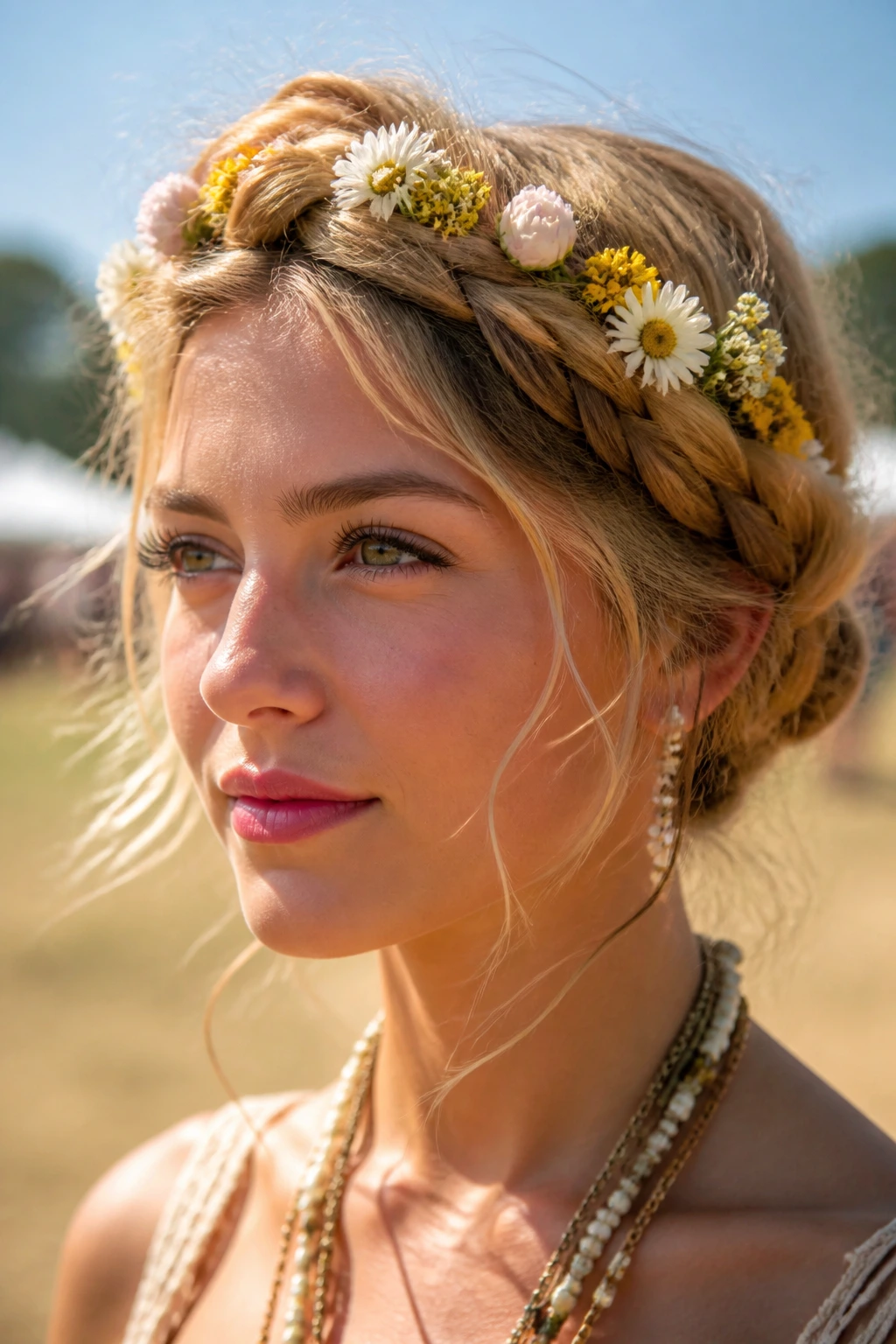 Close-up of a real person wearing a crown braid with flowers