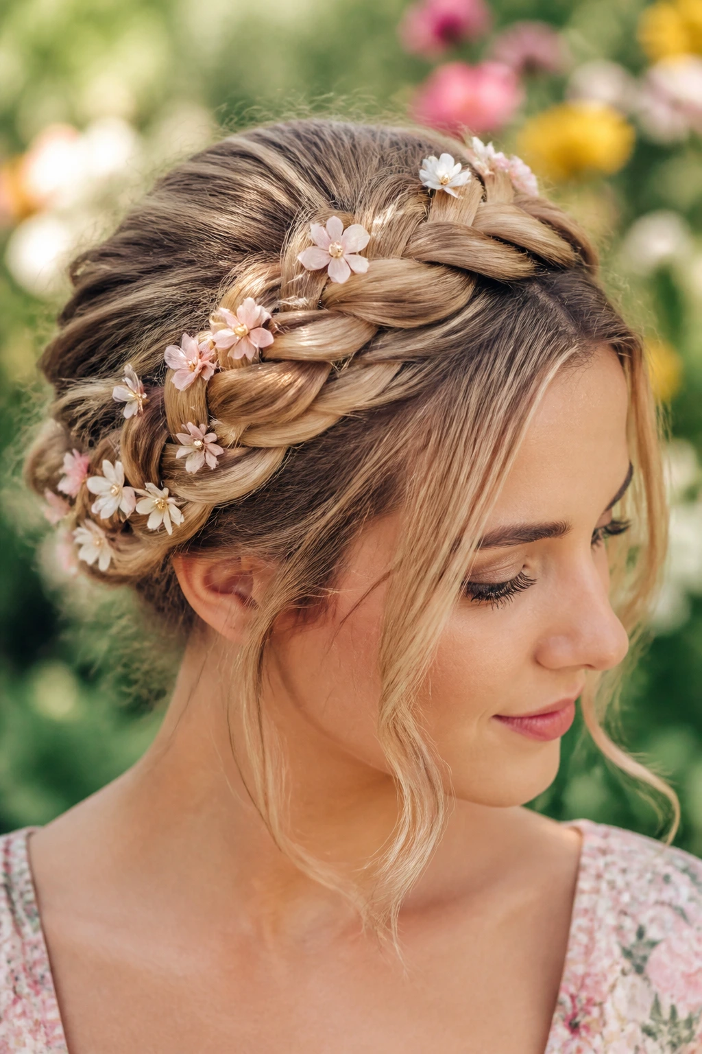 Close-up of a crown braid with flowers around the head