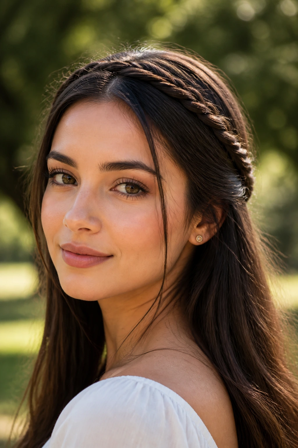 Close-up of a real woman wearing a subtle crown braid with flowing ends.